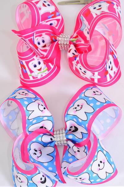 Hair Bow Jumbo Happy Tooth Grosgrain Bow-tie /  12 pcs Bow = Dozen  Alligator Clip , Size - 6" x 5" Wide , 6 Of Each Pattern Asst , Clip Strip & UPC Code