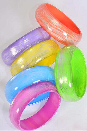 Bracelet Bangle Acrylic Brush Stroke Multi / 12 pcs = Dozen Multi , Size - 2.75 x 1" Wide , 2 of each Color Asst , Hang Tag & Opp Bag & UPC Code