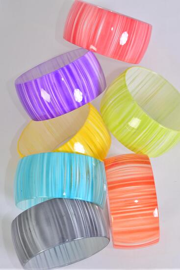 Bracelet Bangle Acrylic Wide Candy Stripes Multi / 12 pcs = Dozen Multi , Size - 2.75 " x 1.5" Dia Wide , 2 Red , 2 Gray , 2 Lime , 2 Purple , 2 Blue , 1 Yellow , 1 Orange Color Asst , Hang tag & Opp Bag & UPC Code