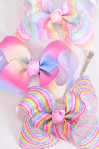 Hair Bow Jumbo Rainbow Star Tiedye Pattern Mix Grosgrain Bow-tie / 12 pcs Bow = Dozen  Alligator Clip , Size - 6" x 5" Wide , 4 of each Pattern Asst , Clip Strip & UPC Code