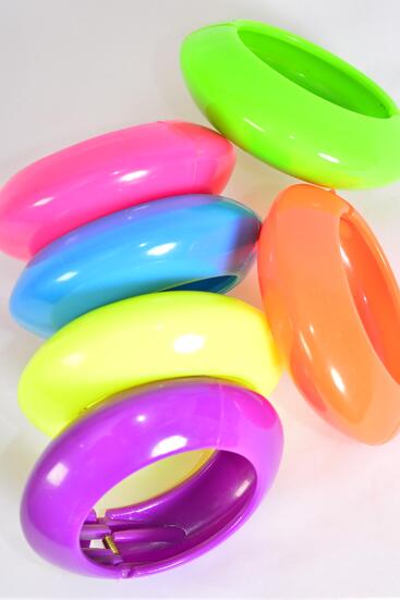 Bracelet Bangle Hinge Acrylic Ridged Saucer Neon Color Asst / 12 pcs = Dozen Size - 2.75" x 1.25" Dia Wide , 2 of each Color Asst , Hang Tag & OPP Bag & UPC Code