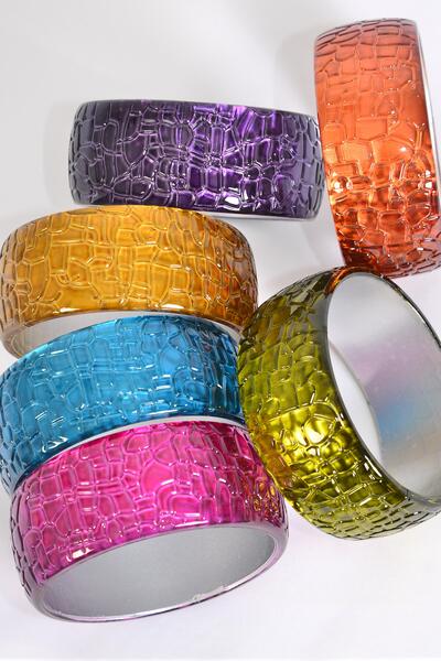 Bracelet Bangle Acrylic Cateye Carved Mirror Finish / 12 pcs = Dozen Multi , Size - 2.75" x 1.25" Wide , 2 of each Pattern Asst , Hang tag & Opp Bag & UPC Code 