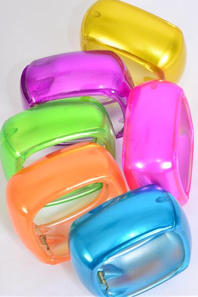 Bracelet Bangle Acrylic Hinge Cat-eye Hinge Square Silky Multi / 12 pcs = Dozen Multi , Hinge , Size - 2.75" x 1.75" Dia Wide , 2 Fuchsia , 2 Yellow , 2 Blue , 2 Purple , 2 Lime Green , 2 Orange Mix , Hang tag & OPP bag & UPC Code