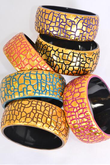 Bracelet Bangle Acrylic Holographic Gold Multi / 12 pcs = Dozen Gold , Size - 2.75" x 1.25" Dia Wide , 2 of each Pattern Asst , Hang Tag & Opp Bag & UPC Code