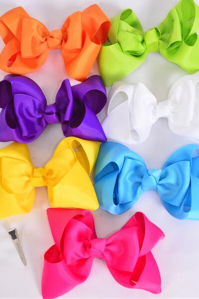 Hair Bow Jumbo Double Layered Citrus Grosgrain Bow-tie / 12 pcs Bow = Dozen  Alligator Clip , Size - 6" x 5" Wide , 2 Fuchsia , 2 Blue , 2 Yellow , 2 Purple , 2 White , 1 Lime , 1 Orange Color Mix , Clip Strip & UPC Code