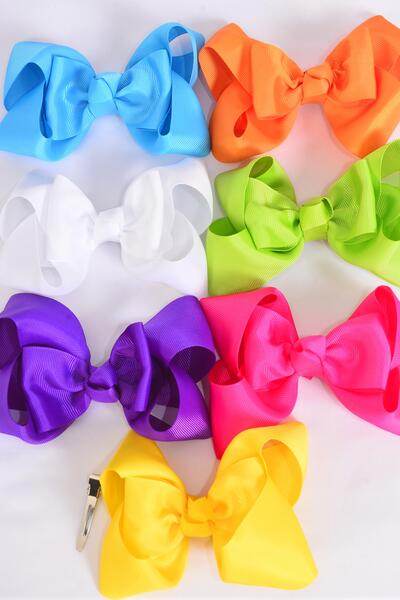 Hair Bow Jumbo Double Layered Citrus Grosgrain Bow-tie / 12 pcs Bow = Dozen  Alligator Clip , Size - 6" x 5" Wide , 2 Fuchsia , 2 Blue , 2 Yellow , 2 Purple , 2 White , 1 Lime , 1 Orange Color Mix , Clip Strip & UPC Code