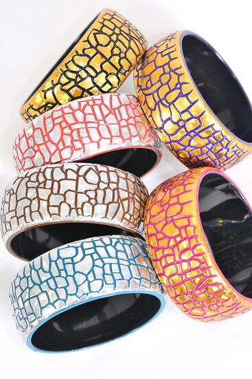 Bracelet Bangle Acrylic Holographic Gold Silver Pattern Mix Multi / 12 pcs = Dozen Multi , Size - 2.75" x 1.25" Dia Wide , 2 of each Pattern Asst , Hang Tag & Opp Bag & UPC Code