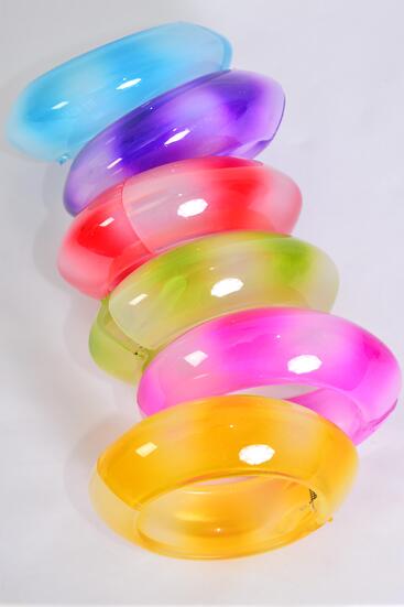 Bracelet Bangle Acrylic Hinge Tiedye Gradient Rainbow Color Asst / 12 pcs = Dozen   Multi , Hinge , Size - 2.75" x 1.25" Dia Wide , 2 of each color Asst , Hang Tag & Opp Bag & UPC Code 