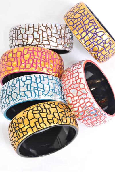 Bracelet Bangle Acrylic Holographic Gold Silver Pattern Mix Multi / 12 pcs = Dozen Multi , Size - 2.75" x 1.25" Dia Wide , 2 of each Pattern Asst , Hang Tag & Opp Bag & UPC Code