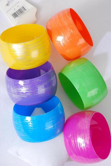 Bracelet Bangle Acrylic Wide Brush Stroked Citrus / 12 pcs = Dozen Size - 2.75" x 1.75" Dia Wide , 2 Hot Pink , 2 Blue , 2 Orange , 2 Lime , 2 Yellow , 2 Laverner Color Asst , Hang Tag & OPP Bag & UPC Code 