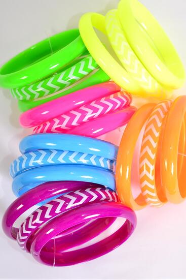 Bracelet Bangle 36 pcs Acrylic Chevron Pattern Caribbean Neon / 12 card = Dozen Caribbean Neon , Size - 2.75" x 0.5", 2 of each Color Asst , Hang Tag & OPP Bag & UPC Code