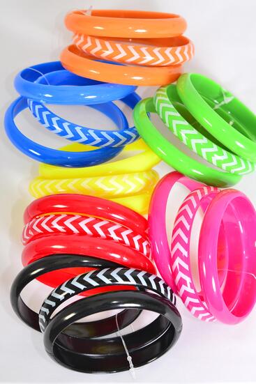 Bracelet Bangle 36 pcs Acrylic Chevron Pattern Multi / 36 pcs = Dozen  Multi , Size - 2.75" x 0.5", 2 Black , 2 Blue , 2 Red , 2 Yellow , 2 Fuchsia , 1 Orange , 1 Lime Mix , Hang tag & OPP Bag & UPC Code 