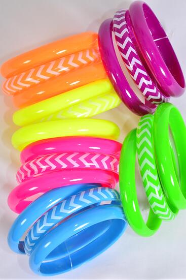 Bracelet Bangle 36 pcs Acrylic Chevron Pattern Caribbean Neon / 12 card = Dozen Caribbean Neon , Size - 2.75" x 0.5", 2 of each Color Asst , Hang Tag & OPP Bag & UPC Code