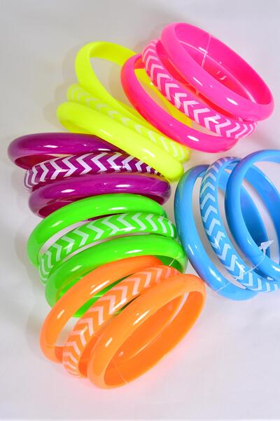 Bracelet Bangle 36 pcs Acrylic Chevron Pattern Caribbean Neon / 12 card = Dozen Caribbean Neon , Size - 2.75" x 0.5", 2 of each Color Asst , Hang Tag & OPP Bag & UPC Code