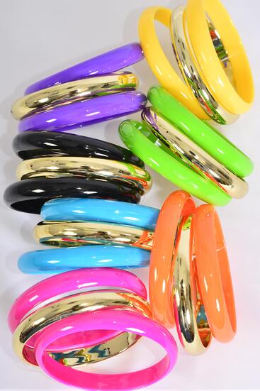Bracelet Bangle 36 pcs Acrylic Multi /  12 pcs = Dozen Size - 2.75" x 0.5" Dia Wide , 2 Black , 2 Yellow , 2 Purple , 2 Blue , 2 Fuchsia , 1 Orange , 1 Lime Color Mix , Hang Tag & OPP bag & UPC Code