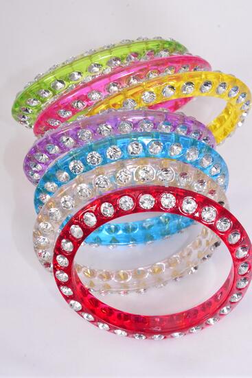 Bangle Acrylic Acryli Stones All Around 2 Side Transparent / 12 pcs = Dozen  Transparent , Size - 2.75" x 0.5" Dia Wide , 2 Clear , 2 Yellow , 2 Lime , 2 Hot Pink , 2 Blue , 1 Red , 1 Purple Mix , Hang tag & OPP bag & UPC Code