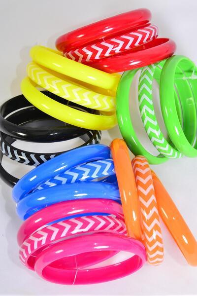 Bracelet Bangle 36 pcs Acrylic Chevron Pattern Multi / 36 pcs = Dozen  Multi , Size - 2.75" x 0.5", 2 Black , 2 Blue , 2 Red , 2 Yellow , 2 Fuchsia , 1 Orange , 1 Lime Mix , Hang tag & OPP Bag & UPC Code 