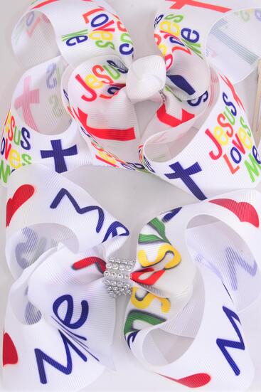 Hair Bow Jumbo Jesus Loves Me Grosgrain Bow-tie /  12 pcs Bow = Dozen  Jesus , Alligator Clip , Size - 6" x 5" Wide , 6 of each Pattern Asst , Clip Strip and UPC Code