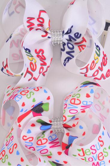 Hair Bow Jumbo Jesus Loves Me Grosgrain Bow-tie / 12 pcs Bow = Dozen   Alligator Clip , Size - 6" x 5" Wide , 6 of each Pattern Asst , Clip Strip and UPC Code