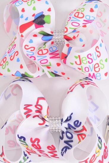 Hair Bow Jumbo Jesus Loves Me Grosgrain Bow-tie / 12 pcs Bow = Dozen   Alligator Clip , Size - 6" x 5" Wide , 6 of each Pattern Asst , Clip Strip and UPC Code