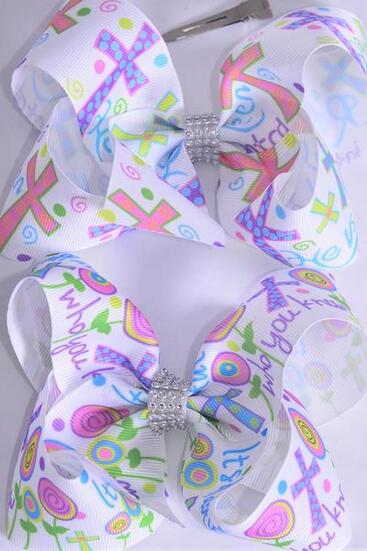 Hair Bow Jumbo Jesus Loves Me Grosgrain Bow-tie / 12 pcs Bow = Dozen Cross , Alligator Clip , Size - 6" x 5" Wide , 6 of each Pattern Asst , Clip Strip and UPC Code