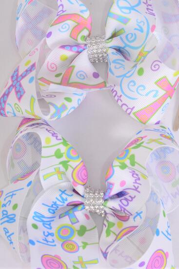 Hair Bow Jumbo Jesus Loves Me Grosgrain Bow-tie / 12 pcs Bow = Dozen Cross , Alligator Clip , Size - 6" x 5" Wide , 6 of each Pattern Asst , Clip Strip and UPC Code