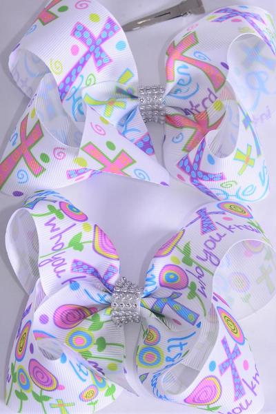 Hair Bow Jumbo Jesus Loves Me Grosgrain Bow-tie / 12 pcs Bow = Dozen Cross , Alligator Clip , Size - 6" x 5" Wide , 6 of each Pattern Asst , Clip Strip and UPC Code