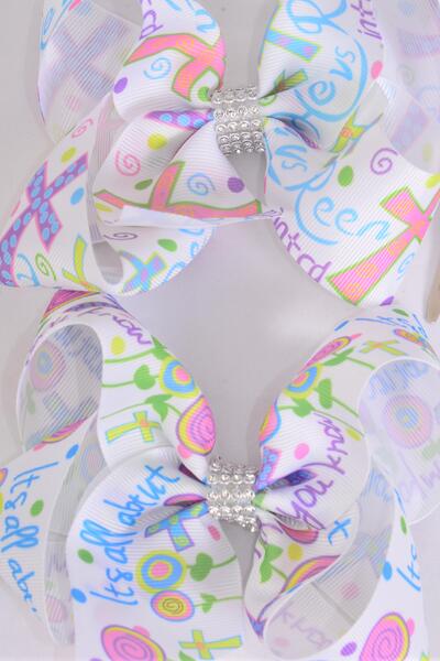 Hair Bow Jumbo Jesus Loves Me Grosgrain Bow-tie / 12 pcs Bow = Dozen Cross , Alligator Clip , Size - 6" x 5" Wide , 6 of each Pattern Asst , Clip Strip and UPC Code