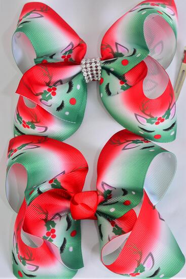 Hair Bow Jumbo Reindeer Grosgrain Bow-tie / 12 pcs Bow = Dozen  Reindeer , Alligator Clip , Size - 6" x 5" Wide ,  Clip Strip & UPC Code