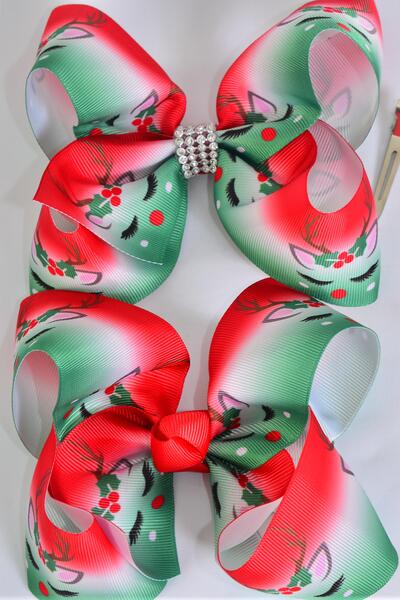 Hair Bow Jumbo Reindeer Grosgrain Bow-tie / 12 pcs Bow = Dozen  Reindeer , Alligator Clip , Size - 6" x 5" Wide ,  Clip Strip & UPC Code