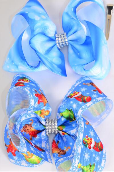 Hair Bow Jumbo Snowflake Winter Wonderland Theme Mix Grosgrain Bow-tie / 12 pcs Bow = Dozen Christmas , Alligator Clip , Size - 6" x 5" Wide , 6 Of Each Pattern Asst , Clip Strip & UPC Code