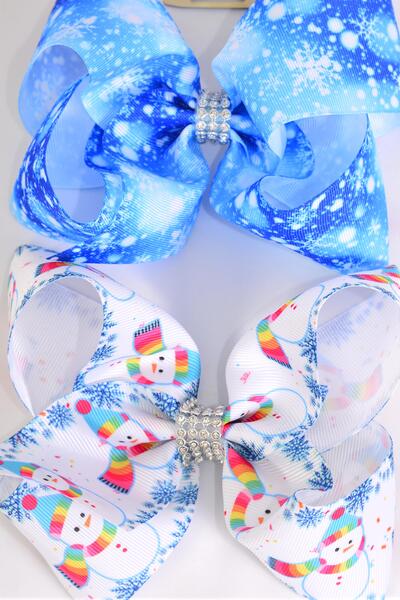 Hair Bow Jumbo Christmas Snowman Winter Wonderland Theme Mix Grosgrain Bow-tie / 12 pcs Bow = Dozen  Christmas , Alligator Clip , Size - 6" x 5" Wide , 6 Of Each Pattern Asst , Clip Strip & UPC Code