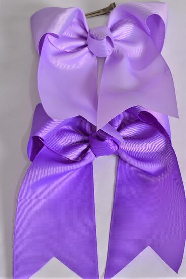 Hair Bow Extra Jumbo Long Tail Cheer Type Bow Purple Mix Grosgrain Bow-tie / 12 pcs Bow = Dozen  Alligator Clip , Size - 6.5" x 6" Wide , 6 Light Purple , 6 Lavender Color Asst , Clip Strip & UPC Code