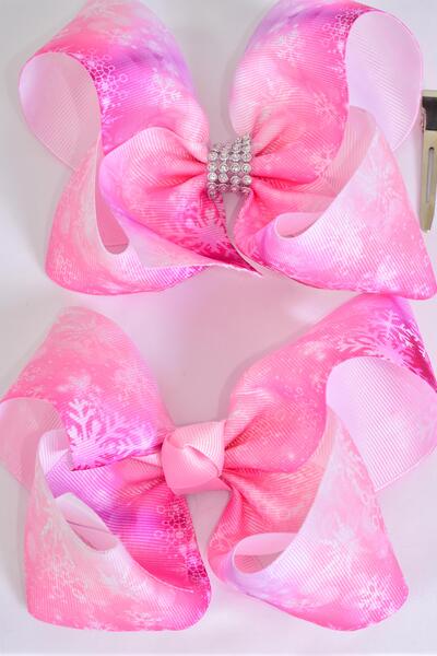 Hair Bow Jumbo Snowflake Pink Grosgrain Bow-tie / 12 pcs Bow = Dozen  Alligator Clip , Size - 6" x 5" Wide , Clip Strip & UPC Code