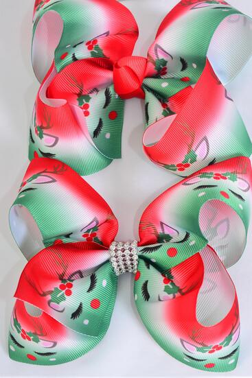 Hair Bow Jumbo Reindeer Grosgrain Bow-tie / 12 pcs Bow = Dozen  Reindeer , Alligator Clip , Size - 6" x 5" Wide ,  Clip Strip & UPC Code