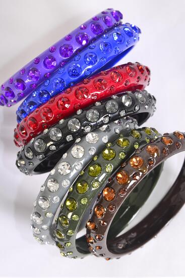 Bracelet Bangle Acrylic Stones All Around Dark Multi / 12 pcs = Dozen  Dark Multi , Size - 2.75" x 0.5" Dia Wide , 2 Black , 2 Brown , 2 Olive , 2 Blue , 2 Burgundy , 1 Purple , 1 Gray Color Asst , Display Card & OPP bag