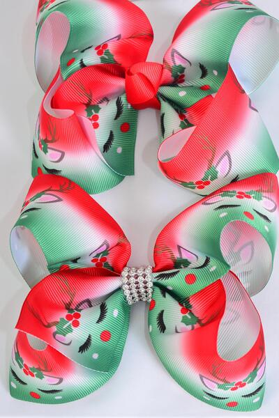 Hair Bow Jumbo Reindeer Grosgrain Bow-tie / 12 pcs Bow = Dozen  Reindeer , Alligator Clip , Size - 6" x 5" Wide ,  Clip Strip & UPC Code