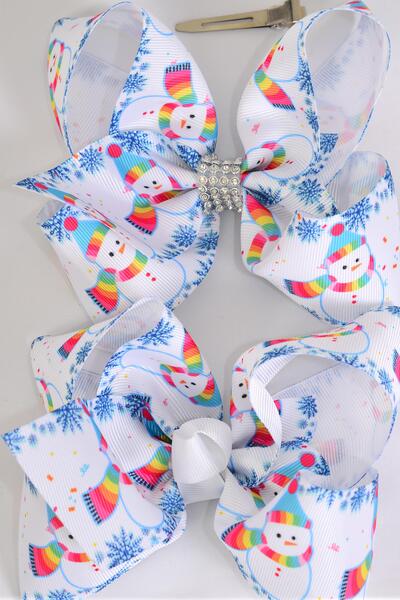 Hair Bow Jumbo Snowman Grosgrain Bow-tie / 12 pcs Bow = Dozen  Snowman , Alligator Clip , Size - 6" x 5" Wide , Clip Strip & UPC Code
