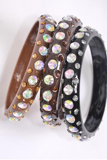 Bracelet Bangle Acrylic Stones All Around Brown Color Mix / 12 pcs = Dozen  Size - 2.75" Dia x 0.5" Wide , 4 Black , 4 Dark Brown , 4 Light Brown Color Asst , Hang Tag & OPP Bag & UPC Code