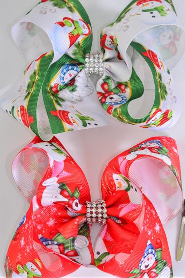 Hair Bow Jumbo Snowman Grosgrain Bow-tie / 12 pcs Bow = Dozen  Alligator Clip , Size - 6" x 5" Wide , 6 Of Each Pattern Asst , Clip Strip & UPC Code