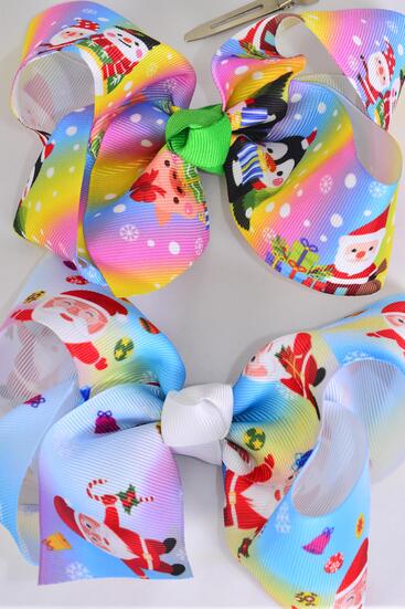 Hair Bow Jumbo Penguin Santa Snow Day Mix Grosgrain Bow-tie / 12 pcs Bow = Dozen Christmas , Alligator Clip , Size - 6" x 5" Wide , 6 Of each Pattern Asst , Clip Strip & UPC Code