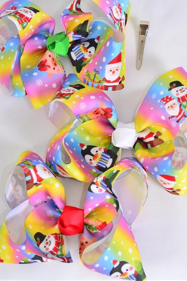 Hair Bow Jumbo christmas Theme Penguin Santa Piggy Snow Day Grosgrain Bow-tie / 12 pcs Bow = Dozen Christmas , Alligator Clip , Size - 6"x 5" Wide , Clip Strip & UPC Code