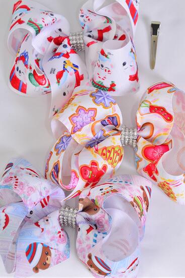 Hair Bow Jumbo Christmas Theme Gingerbread Bear Puppies Cookies Grosgrain Bow-tie / 12 pcs Bow = Dozen   Alligator Clip , Size - 6" x 5" Wide , 4 Of Each Color Asst , Clip Strip & UPC Code