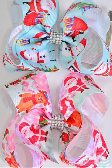 Hair Bow Jumbo Santas Workshop & Merry Christmas Snowman Penguin Etc Grosgrain Bow-tie / 12 pcs Bow = Dozen Christmas , Alligator Clip , Size - 6"x 5" Wide , 6 Of Each Pattern Asst , Clip Strip & UPC Code