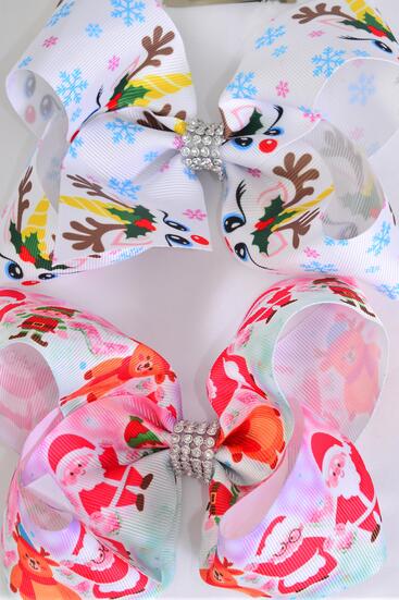 Hair Bow Jumbo Santa Workshop Reindeer Christmas Theme Grosgrain Bow-tie / 12 pcs Bow = Dozen  Alligator Clip , Size - 6" x 5" Wide , 6 Of Each Pattern Asst , Clip Strip & UPC Code