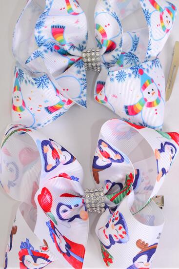 Hair Bow Jumbo Christmas Snowman Penguin Mix Grosgrain Bow-tie / 12 pcs Bow = Dozen  Alligator Clip , Size - 6" x 5" Wide , 6 Of Each Pattern Asst , Clip Strip & UPC Code