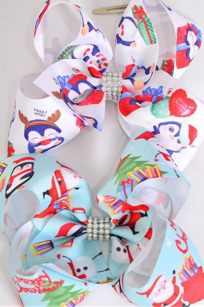 Hair Bow Jumbo Christmas Theme Santa Penguin Snowman Mix Grosgrain Bow-tie / 12 pcs Bow = Dozen Christmas , Alligator Clip , Size - 6" x 5" Wide , 6 Of Each Pattern Asst , Clip Strip & UPC Code