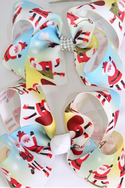 Hair Bow Jumbo Ho Ho Ho Happy Santa Grosgrain Bow-tie / 12 pcs Bow = Dozen  Alligator Clip , Size - 6" x 5" Wide , Clip Strip & UPC Code
