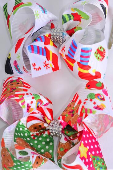 Hair Bow Jumbo Santa Gingerbread Man Elf Mix Grosgrain Bow-tie / 12 pcs Bow = Dozen  Christmas , Alligator Clip , Size - 6" x 5" Wide , 6 Of Each Pattern Asst , Clip Strip & UPC Code