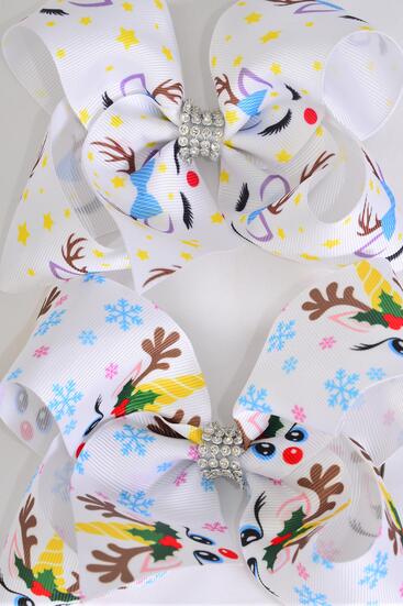 Hair Bow Jumbo Christmas Reindeer Grosgrain Bow-tie / 12 pcs Bow = Dozen Christmas , Alligator Clip , Size -  6" x 5" Wide , 6 Of Each Pattern Asst , Clip Strip & UPC Code